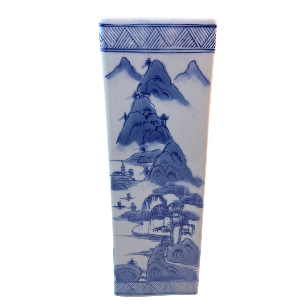 Vintage Chinoiserie Porecelain Vase Home Decor Blue White Hand Painted Landscape